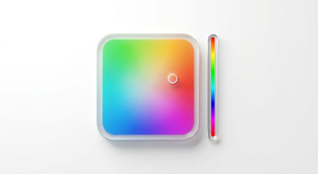 Google Farbwähler Widget mit interaktivem Farbfeld, Auswahlpunkt und Farbton-Schieberegler zum Ablesen von HEX-, RGB- und HSL-Werten.