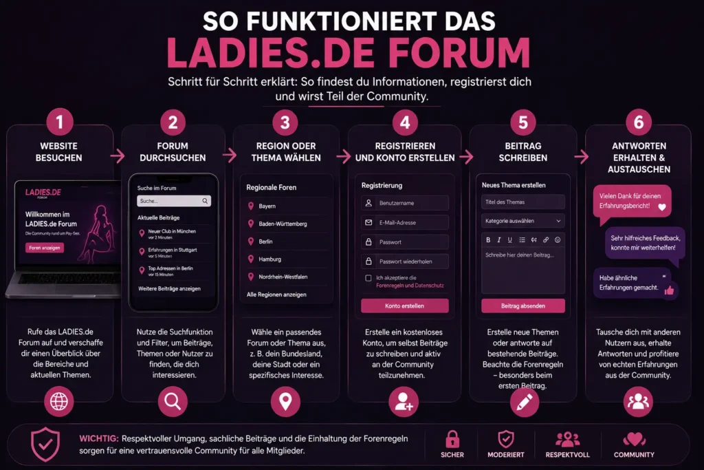 So funktioniert das Ladiesforum: Forum besuchen, Themen suchen, Region auswählen, registrieren, Beitrag schreiben und Antworten erhalten