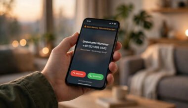 Smartphone zeigt eingehenden Anruf von unbekannter Nummer mit Spam-Warnung