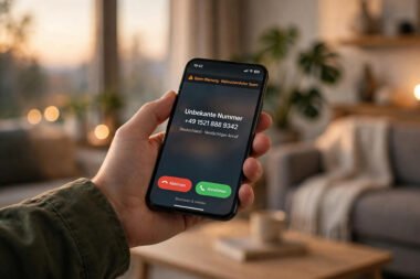 Smartphone zeigt eingehenden Anruf von unbekannter Nummer mit Spam-Warnung