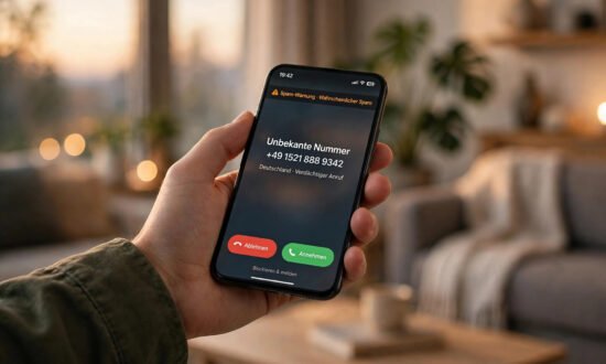Smartphone zeigt eingehenden Anruf von unbekannter Nummer mit Spam-Warnung