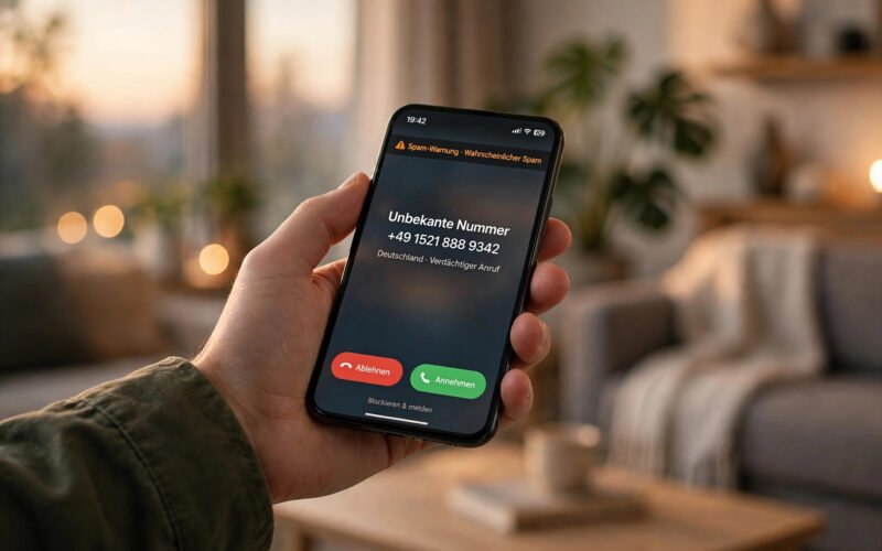 Smartphone zeigt eingehenden Anruf von unbekannter Nummer mit Spam-Warnung