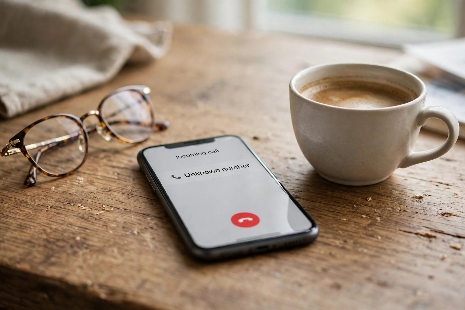 Smartphone mit Anruf von unbekannter Nummer auf dem Schreibtisch