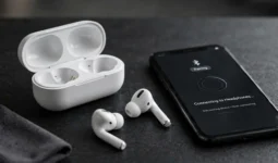 AirPods neben Ladecase und Smartphone mit Bluetooth-Kopplung