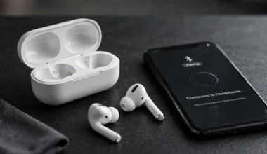 AirPods neben Ladecase und Smartphone mit Bluetooth-Kopplung