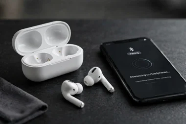 AirPods neben Ladecase und Smartphone mit Bluetooth-Kopplung
