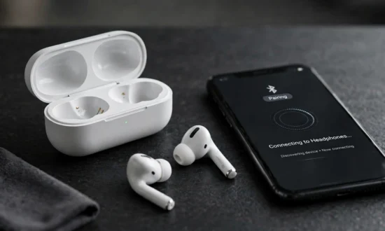 AirPods neben Ladecase und Smartphone mit Bluetooth-Kopplung