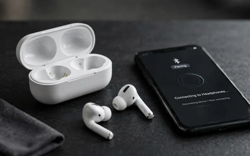 AirPods neben Ladecase und Smartphone mit Bluetooth-Kopplung