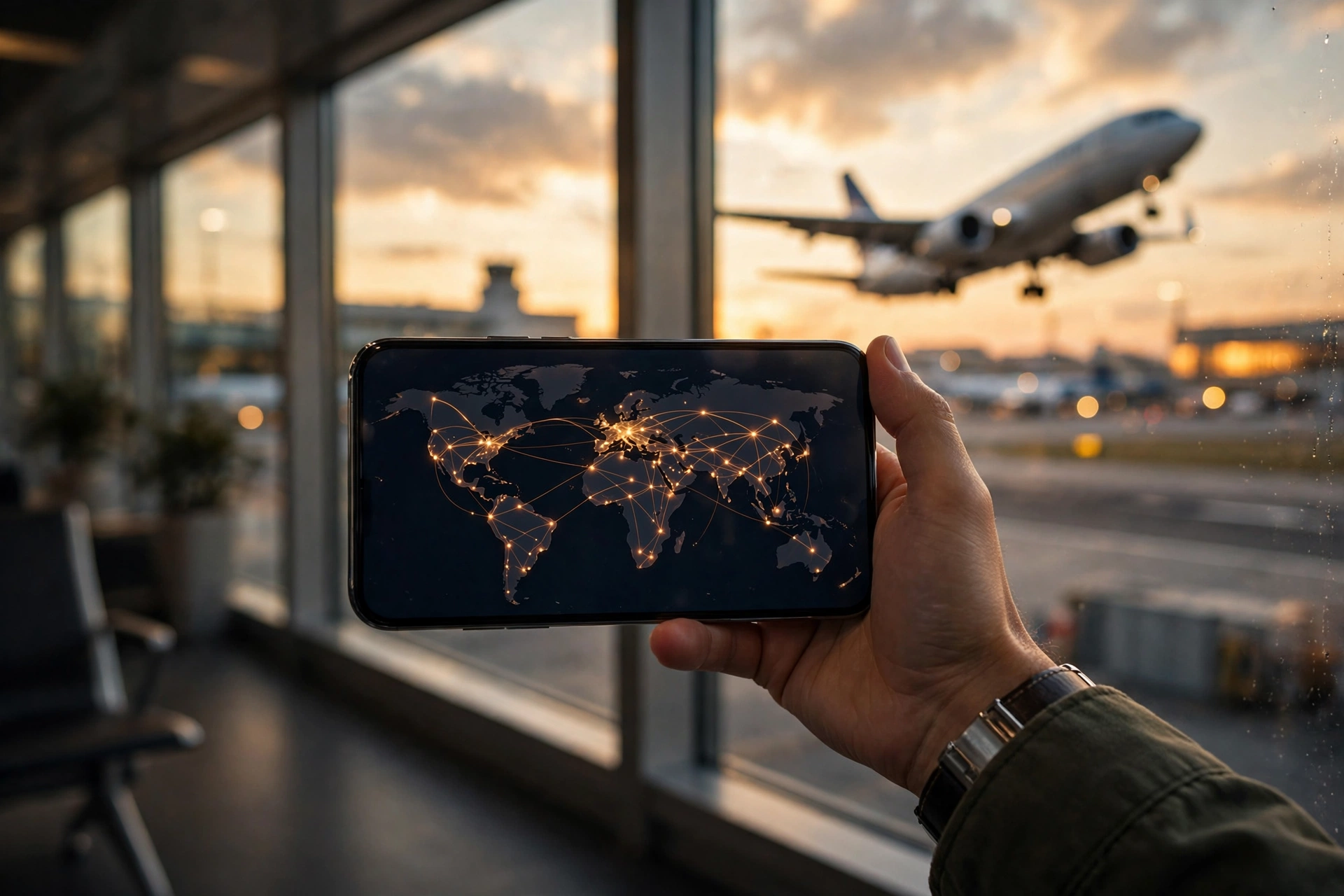 Smartphone mit Weltkarte am Flughafen – eSIM im Urlaub nutzen