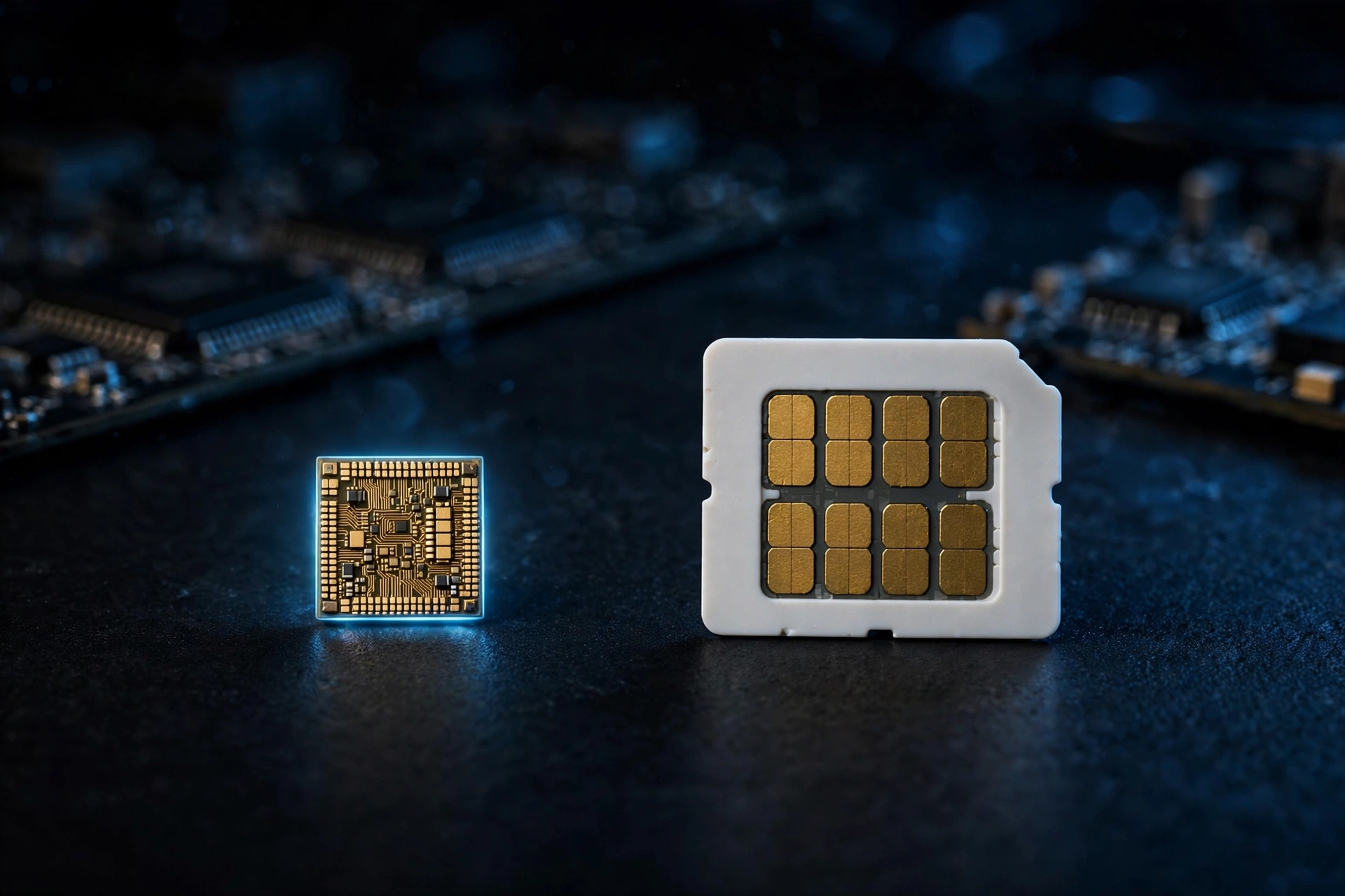 Vergleich: eSIM-Chip und klassische SIM-Karte aus Plastik