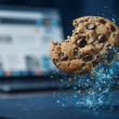 Was ist ein Cookie? Schokoladen-Cookie mit digitalen Datenpartikeln als Symbol für Browser-Cookies