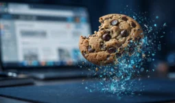 Was ist ein Cookie? Schokoladen-Cookie mit digitalen Datenpartikeln als Symbol für Browser-Cookies
