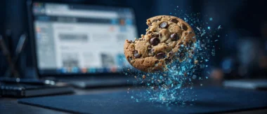Was ist ein Cookie? Schokoladen-Cookie mit digitalen Datenpartikeln als Symbol für Browser-Cookies