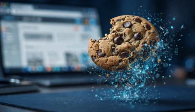Was ist ein Cookie? Schokoladen-Cookie mit digitalen Datenpartikeln als Symbol für Browser-Cookies