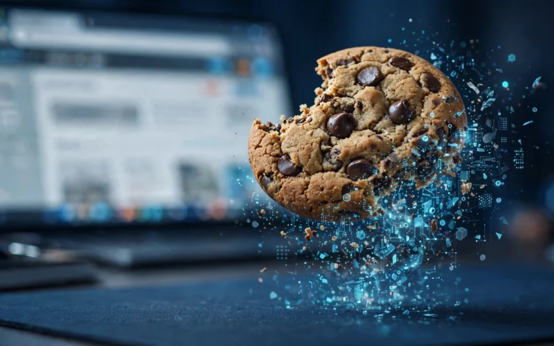 Was ist ein Cookie? Schokoladen-Cookie mit digitalen Datenpartikeln als Symbol für Browser-Cookies