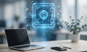 Passwort-Manager auf Smartphone und Laptop mit digitalem Tresor