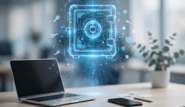 Passwort-Manager auf Smartphone und Laptop mit digitalem Tresor