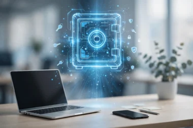 Passwort-Manager auf Smartphone und Laptop mit digitalem Tresor