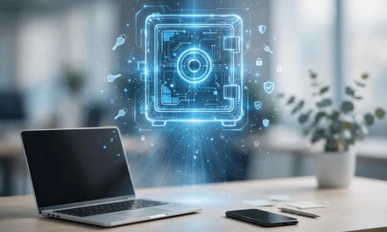 Passwort-Manager auf Smartphone und Laptop mit digitalem Tresor