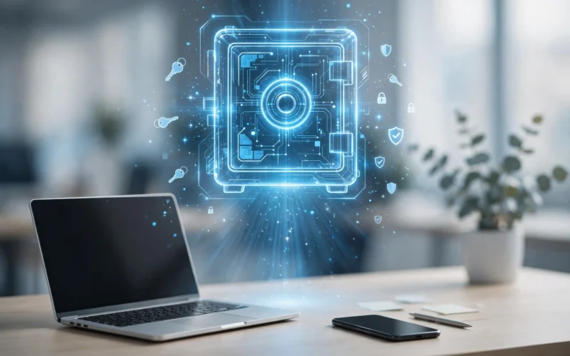 Passwort-Manager auf Smartphone und Laptop mit digitalem Tresor
