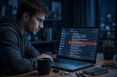 Phishing-E-Mail auf dem Laptop-Bildschirm mit Warnsymbol