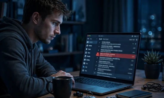 Phishing-E-Mail auf dem Laptop-Bildschirm mit Warnsymbol