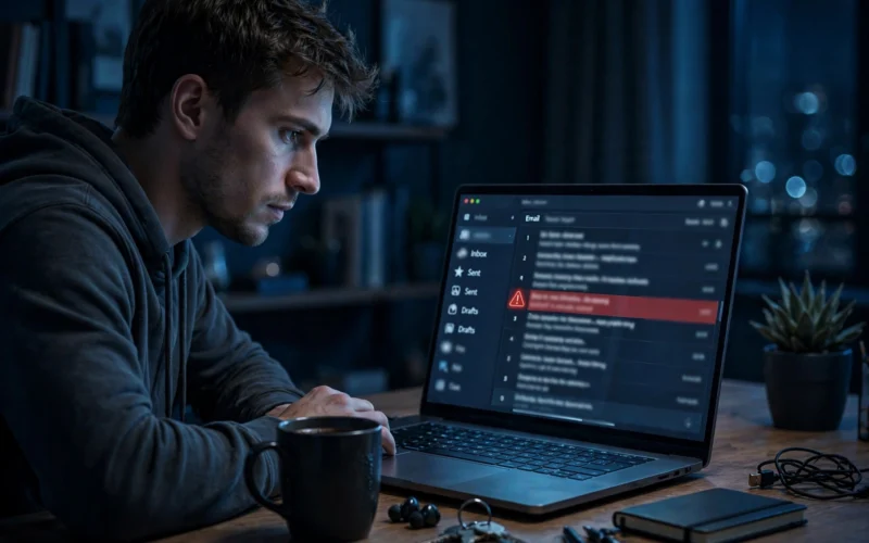 Phishing-E-Mail auf dem Laptop-Bildschirm mit Warnsymbol