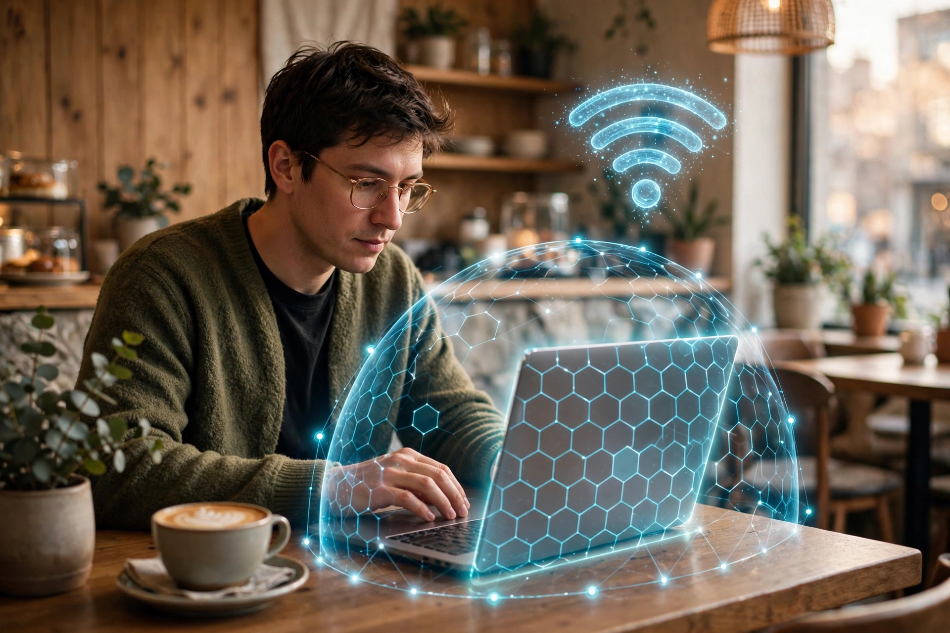 Sicher surfen im Café-WLAN: Mit einem VPN sind deine Daten verschlüsselt.