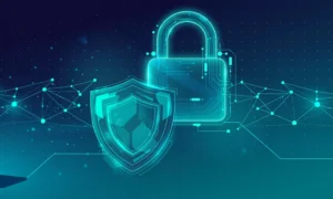 VPN – sicher und anonym surfen: Schloss und Schutzschild über einem digitalen Netzwerk