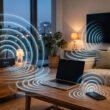 WLAN-Router sendet Funksignale an Laptop, Smartphone und Smart-TV im Wohnzimmer