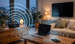 WLAN-Router sendet Funksignale an Laptop, Smartphone und Smart-TV im Wohnzimmer
