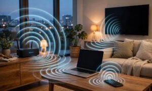 WLAN-Router sendet Funksignale an Laptop, Smartphone und Smart-TV im Wohnzimmer