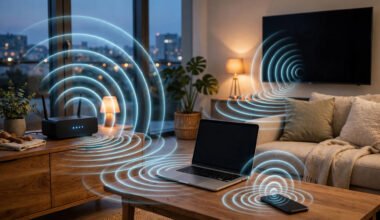 WLAN-Router sendet Funksignale an Laptop, Smartphone und Smart-TV im Wohnzimmer