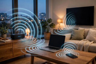 WLAN-Router sendet Funksignale an Laptop, Smartphone und Smart-TV im Wohnzimmer