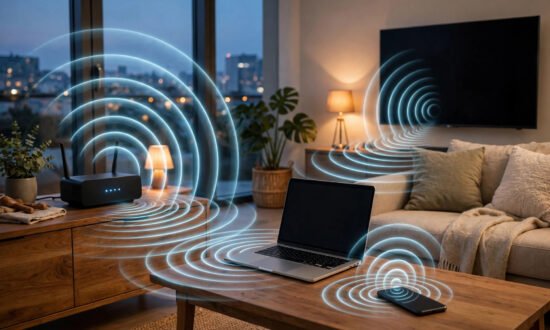 WLAN-Router sendet Funksignale an Laptop, Smartphone und Smart-TV im Wohnzimmer