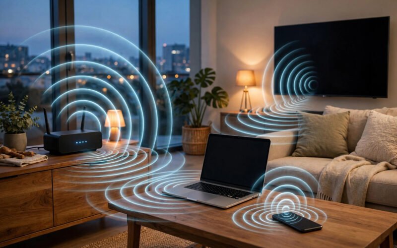 WLAN-Router sendet Funksignale an Laptop, Smartphone und Smart-TV im Wohnzimmer