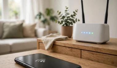 WLAN-Router und Smartphone im Wohnzimmer