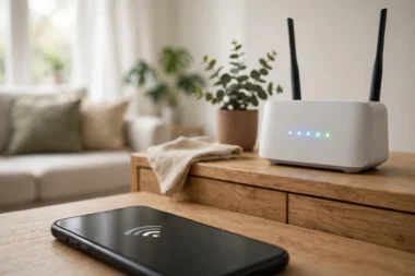 WLAN-Router und Smartphone im Wohnzimmer