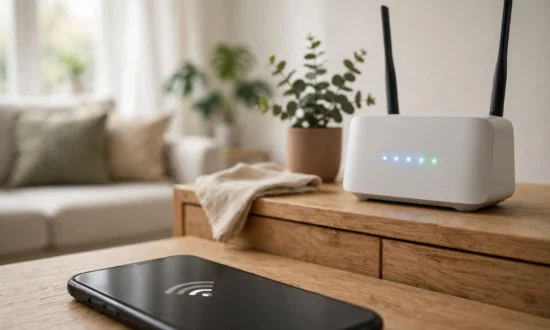 WLAN-Router und Smartphone im Wohnzimmer