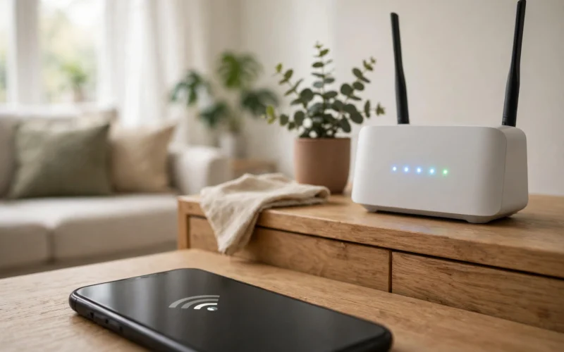 WLAN-Router und Smartphone im Wohnzimmer