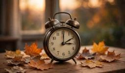 Wecker mit Herbstlaub – Zeitumstellung 2026