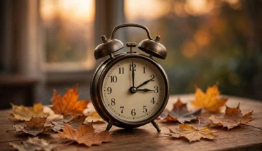 Wecker mit Herbstlaub – Zeitumstellung 2026