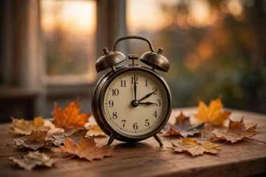 Wecker mit Herbstlaub – Zeitumstellung 2026