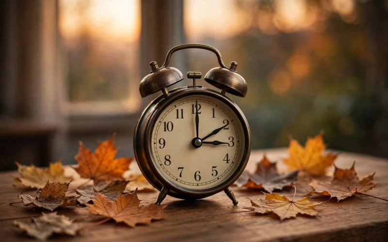 Wecker mit Herbstlaub – Zeitumstellung 2026